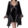 Robe Guiruo Sexy Decote Profundo com Bojo Alça na Cintura Renda de Malha Costura Veludo Robe de Noite Roupa Externa Roupas de Casa 4218