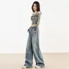 Jeans de Pierna Ancha para Mujer 2026 Primavera/Otoño Nuevos de Cintura Alta Sueltos Adelgazantes Sensación de Alta Gama Estampado de Fuegos Artificiales Pierna Recta Versátiles Pantalones Largos