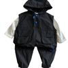 Ropa de Otoño para Niños en Liquidación Conjunto Nuevo y Elegante para Bebé Niño Chaleco con Capucha Camiseta Base Pantalones Cargo Conjunto de Tres Piezas Moderno
