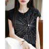 Verano Nuevo Sentido de Alta Gama Manga Corta para Mujer Cuello Redondo Fuegos Artificiales con Cuentas Diamante Holgado Manga Media Top Camiseta de Punto Ajustada a la Moda