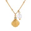 Collar de Perlas con Concha de Acero de Titanio Transfronterizo Europeo y Americano para Mujer con Colgante de Diseño de Diamante y Cadena de Cuero con Costuras de Perlas de Agua Dulce