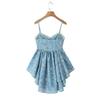 Vestido de Alcinha Azul Estampado Redutor de Idade para Meninas e Mulheres Verão 2024 Estilo Francês Amarração na Cintura Saia Shaggy