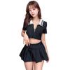 Lingerie Sexy Feminina Cardigan com Zíper Sexy Uniforme Préppy Jk Gola Azul Expondo Nádegas Saia Plissada Conjunto Bar 4071