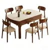 Conjunto de Mesa de Jantar e Cadeiras em Madeira Maciça e Ardósia, Extensível e Dobrável, Mesa Redonda de Dupla Face, Estilo Vintage, Adequado para Lares Pequenos