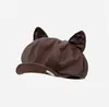 Boina fofa estilo Melard com orelhas de gato, chapéu octogonal de couro moda outono/inverno feminino, chapéu de pintor Y2K doce e cool