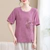 Mãe 2024 Primavera e Verão Manga Curta Novo Pullover Cardigan Antigo Pescoço Redondo Design de Moda Folgado Bordado Novo Estilo Chinês
