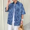 Camisa de Trabajo a Cuadros de Manga Corta para Hombre Estilo Hong Kong Holgada de Media Manga Retro Camisa Marca de Moda ins Chaqueta Doble Cara Atractiva Azul
