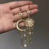 "Rio das Estrelas da Manhã e da Noite" Brincos Assimétricos Vintage de Sol e Lua com Franjas, Toque Retrô de Alto Padrão e Design Exagerado
