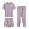 Pijama de Tres Piezas Manga Corta Pantalones Algodón Verano Casual Simple Talla Grande Agradable a la Piel para Mujer Cuello Redondo Ropa de Casa OV