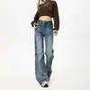 Jeans de Campana Anchos Elásticos de Ajuste Holgado Estilo Americano Resistentes Arrugados con Bigotes Pantalones Largos Cómodos para Mujer