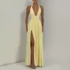 Otoño 2026 Nuevo Moda Femenina Transfronteriza Europea y Americana Estilo Francés Sexy Cuello en V Profundo Abertura Vestido de Color Sólido