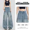 Pantalones de mezclilla de pierna ancha de estilo americano Workwear Retro de cintura alta holgados multibolsillos versátiles de largo hasta el suelo High Street para mujer