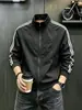 Chaqueta azul oscuro de tres rayas con cuello alto para hombre, otoño, chaqueta de béisbol deconstruida y empalmada, chaqueta bomber cleanfit