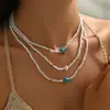 3 Peças de Moda Boêmia Novo Estilo Praia Estilo Oceano Irregular Turquesa Vidro Contas Colar Multicamadas para Mulheres