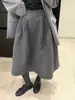 Falda de Lana Mezclada Estilo Coreano Gris con Diseño de Empalme, Falda de Invierno de Cintura Alta Línea A, Falda Abullonada, Falda de Longitud Media