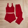 Pijamas de Encaje Transfronterizos Populares para Mujer, Traje de Encaje de Tres Piezas, Tirantes, Pantalones Cortos, Pijamas, Ropa de Casa Sexy para Mujer