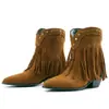Botas de flecos de comercio exterior para mujer de otoño e invierno, botas altas de punta transfronterizas, suela de goma de color liso, tacón cuadrado, tacones altos de slip-on de talla grande