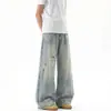 Jeans de pierna ancha lavados y desgastados estilo americano premium para hombre, corte recto holgado con un aspecto vintage y desgastado, estilo workwear