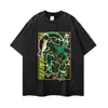Camiseta negra de peso pesado, manga corta, con estampado de personaje de anime vintage, lavada y desgastada, top de anime de moda con hombros caídos