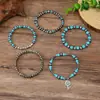 Set de 5 Pulseras de Cuentas Azul Grisáceo, Estilo Retro Bohemio, Pulsera Elástica con Colgante de Flor para Mujer