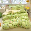 Conjunto de cama de algodão matelassê de quatro peças com capa de edredom estampada e lençol com elástico, estilo coreano, adequado para dormitórios estudantis, conjunto de cama de três peças