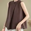 Camiseta sin mangas de cuello alto texturizada talla grande para mujer, nuevo estilo de verano, corte holgado, adelgazante, elegante top tipo chaleco para mujer
