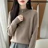 Suéter de tricô de lã pura com gola semi-alta feminina, outono e inverno, tricô canelado escovado com mangas raglan, pulôver curto macio e quente