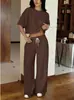 Nuevo conjunto de moda casual de dos piezas para mujer, pantalones de pierna ancha de punto a rayas transfronterizos europeos y americanos, manga corta