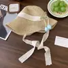 Chapéu de Palha Trançado com Renda Floral Estilo Coreano para Mulheres, Verão, Aba Larga, Proteção Solar para Férias na Praia, Chapéu de Sol