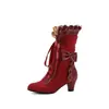 Botas hasta la mitad de la pantorrilla Lolita de tacón alto con cordones en la parte delantera talla grande para mujer estilo japonés 188-3