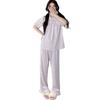 Pijama Nuevo de Seda de Hielo 2026 para Mujer, Conjunto de Ropa de Casa Transpirable de Color Sólido de Encaje con Mangas Cortas y Pantalones Largos de Alta Gama que se Pueden Usar Afuera