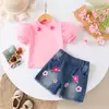 Camiseta de Verano Europea y Americana de Nuevo Estilo, Estampado Floral Rosa, Mangas Abullonadas, Shorts de Mezclilla Vintage, Ropa Infantil Linda en Stock