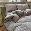 Juego de Ropa de Cama de Algodón Rayado Bloque de Color Estilo Blogger de Cuatro Piezas, Juego de Tres Piezas de Algodón Lavado para Dormitorio Estudiantil