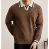 Camisa polo de hombre retro británica con bloques de color, suéter casual de manga larga para otoño e invierno, nuevo