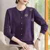 Suéter bordado cor vinho estilo casual para meia-idade, suéter de malha com estampa, manga longa, novo estilo outono e inverno, roupa para mãe, segunda pele