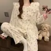 Pijama Feminino Nuvem de Algodão com Gola de Renda de Princesa Doce Manga Longa Desenho Animado Roupa de Casa Conjunto Atacado