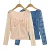Camiseta de manga larga con cuello en V, retazos de encaje, estilo francés, ligera y lujosa para mujer, nueva colección primavera 2026, que irradia una vibra sofisticada y a la moda