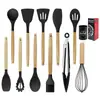 Suprimentos de cozinha transfronteiriços cabo de madeira utensílios de cozinha de silicone conjunto de 12 peças tubo de armazenamento colher de cozinha espátula panelas antiaderentes fabricantes em estoque