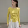 Algodão penteado 40 fios, design com fenda, gola canoa de uma linha, camiseta de manga longa para mulheres, top outonal com cintura marcada plissada, slim fit