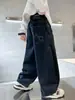 Jeans de pierna ancha de color oscuro para niños, pantalones largos casuales holgados, nuevo estilo de primavera, pantalones de moda modernos para niños mayores, ropa de otoño