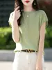 Top de verano para mujer de punto fino con cuello redondo, borde enrollado, manga corta, ligero, transpirable, adelgazante, versátil, simple, camiseta base de punto moderna