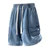 Estilo Novo de Verão 2025 Lavado Bolso Grande Solto Bonito Roupa de Trabalho Calça de Cinco Pontos Shorts Jeans para Homens Podem Ser Abertos de Duas Maneiras