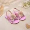 Sandálias de Verão para Meninas com Lantejoulas, Strass e Flores para Praia, Sapatos Infantis com Tira Traseira e Velcro, Sola Macia, Antiderrapante, Sapatos de Princesa