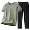 Traje Deportivo Casual de Seda de Hielo para Hombre Verano Conjunto de Dos Piezas para Hombre Pantalones Largos Camiseta de Manga Corta Traje Deportivo para Hombre