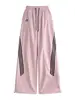 Pantalones deportivos de secado rápido a rayas rosas para mujer, estilo otoño, talla petite, pantalones curvos estilo americano, pantalones anchos casuales holgados