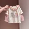 Nova blusa T-shirt estilosa de manga comprida em duas peças para meninas na primavera e no outono, camisa básica casual para meninas jovens e bebês
