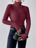 Camiseta de punto acanalado cepillado de manga larga de cuello alto multicolor para primavera y otoño