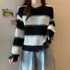 Suéter feminino de outono e inverno com blocos de cor e listras de franja, novo estilo 2026, modelador e estiloso, esconde imperfeições do corpo, blusa de tricô de primavera