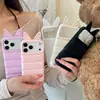 Capa de celular acolchoada de cor sólida estilo coreano com orelhas de gato, adequada para Apple 17 Pro Max, iPhone 16, fofo 15, fofo 14