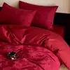 Conjunto de quatro peças de roupa de cama de gaze dupla jacquard 100% algodão para casamento, algodão puro, luxo leve, toque de alta qualidade, lençol, capa de edredom, grande vermelho 4